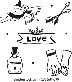 Valentines day doodles freehand. Hand drawn angel sketch and amur, cupid, arrows, love drink, hands, heart shapes doodle. Vector icons in doodle sketch lines. Love Valentine cupid flirt. Vintage.