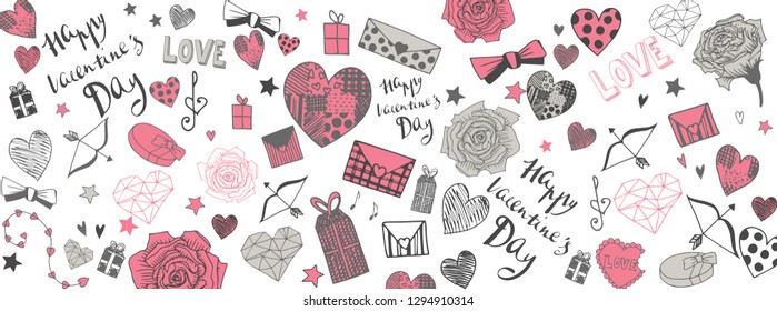 Valentines day doodles illustrations full vector banner