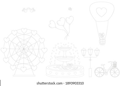 Valentine's Day doodles. Linear drawing of a park for lovers