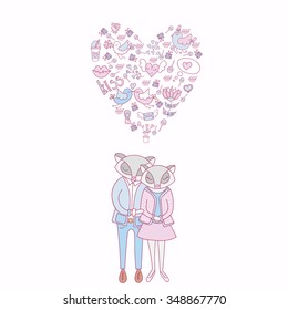 Valentine's Day doodles. Romantic hand drawn elements.Vector. Valentines day card. Cute raccoons.