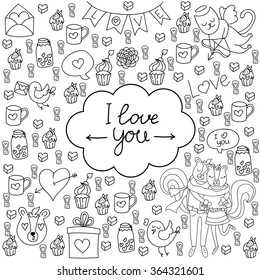 Valentine's Day doodles. Romantic hand drawn elements.Vector. Valentines day card. Lovely skunks.