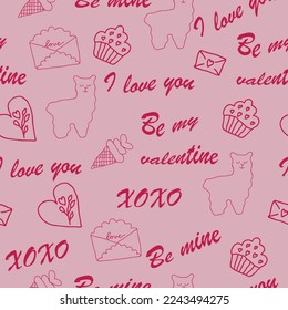 Valentines day doodles seamless pattern. Lovely romantic background. Great for Valentines Day. Can be used for wallpaper, fabrics, surface textures. 
