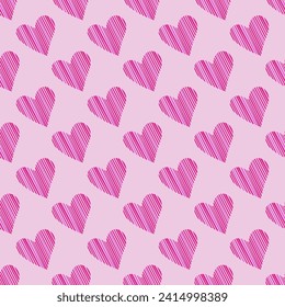 Valentines Day doodles seamless pattern. Cute hot pink hearts with simple decorative elements vector illustration.