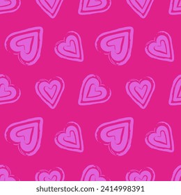 Valentines Day doodles seamless pattern. Cute hot pink hearts with simple decorative elements vector illustration.