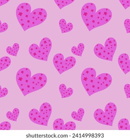 Valentines Day doodles seamless pattern. Cute hot pink hearts with simple decorative elements vector illustration.