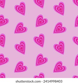 Valentines Day doodles seamless pattern. Cute hot pink hearts with simple decorative elements vector illustration.