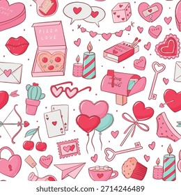 Valentine's day doodles seamless pattern for wallpaper, wrapping paper, backgrounds, banners, scrapbooking, stationery, textile prints, etc. EPS 10