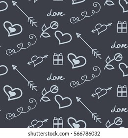 Valentine's Day doodles seamless pattern on chalkboard background. Vector illustration.