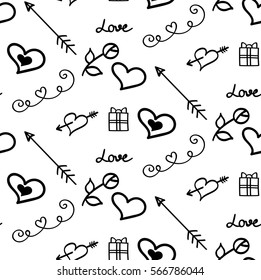 Valentine's Day doodles seamless pattern on white background. Vector illustration.