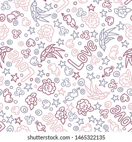 Valentine's Day doodles seamless vector pattern