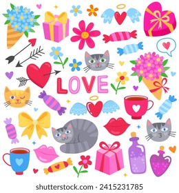 Valentines day doodles set. Colorful icons of love and romantic theme. Cats, hearts, arrows, bouquets, flowers, giftbox, candies, cups. A collection of cartoon cute colorful illustrations.
