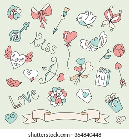 Valentine's day doodles set of design elements. Heart, wings, crown, butterfly,bow, key, bird, gift, love, heart, kiss, rose, letter, lips. 
Hand drawn set vector illustration.
