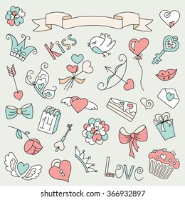 Valentine's day doodles set of design elements. Heart, wings, crown, butterfly,bow, key, bird, gift, love, heart, kiss, rose, letter, lips. 
Hand drawn set vector illustration.