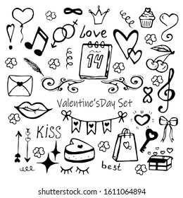 Valentine's day doodles set. Hand drawn elements for design. Vector illustration. 
 Hearts, cute couples, love stuff vector illustration.
