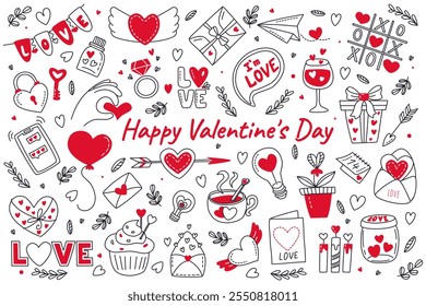 Valentines day doodles set. Hand drawn elements for Valentine's day, birthday, wedding. Outline icons on theme of love, romance, February 14. For banner, card, cover, poster, wallpaper, packaging