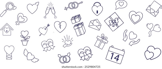Valentines day doodles set. Love theme simple doodle illustration for design. 