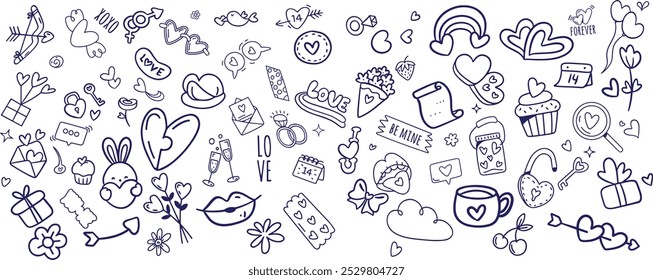 Valentines day doodles set. Love theme simple doodle illustration for design. 