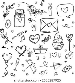 Valentines day doodles set. Love theme simple doodle illustration for design. Wedding elements, hearts, romantic icons. Love clipart, arrows, text, rings, letters, flowers, sweets