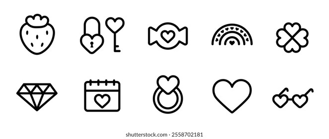 Valentines day doodles set. Love concept simple doodle illustration for design. Wedding elements, hearts, romantic icons. Love clipart, rainbow, cupcake, rings, diamond, flowers, sweets, strawberry