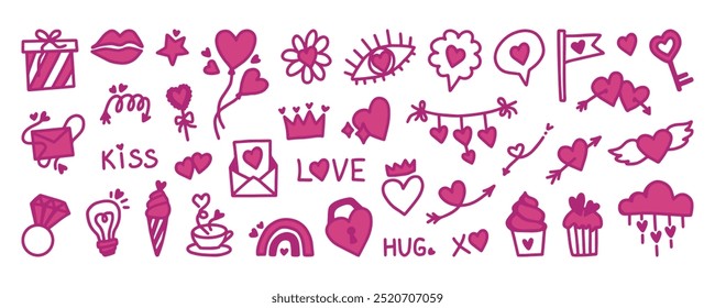 Valentine's Day doodles set. Pink handdrawn love elements, isolated on white background. Collection of scribble hearts, cute romantic doodles. Set of Valentines Day hand drawn elements. Love theme