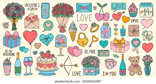 Valentines Day doodles set. Valentines day stickers and patch badges set. Love symbols. Romantic elements collection. I love you. Wedding and marriage.