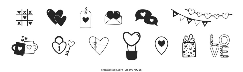 Valentines day doodles set, vector elements with hearts, love letters, envelopes with heart icons for valentine's day cards, posters, wrapping and design