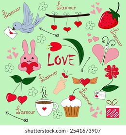 Valentine's Day doodles vector. Hand drawn elements for Valentine's Day. Outline icons on the theme of love, romance, February 14 in doodle style. For banner, card, cover, poster, wallpaper, packaging