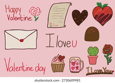 Doodles del día de San Valentín, Colección ilustradora de Elementos: Este fideo es el estilo informal dibujado a mano y la variedad de objetos relacionados con la fiesta. 