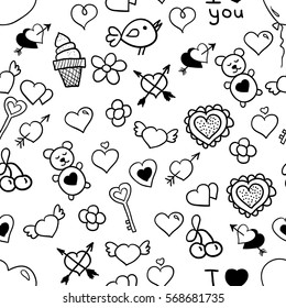 Valentine's day doodling seamless pattern, black and white line art illustration, cartoon style