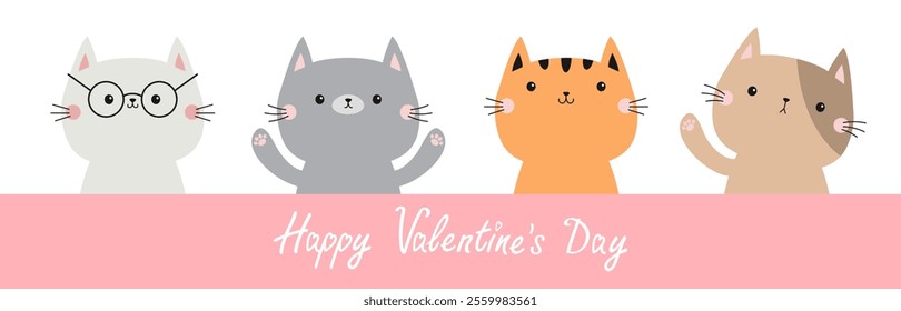 Valentines Day. Draw Cat set line banner. Kitten with hands Paw print. Eyeglasses. Funny Kawaii pet animal. Cute cartoon doodle baby character. Flat design. White background. Vector illustration