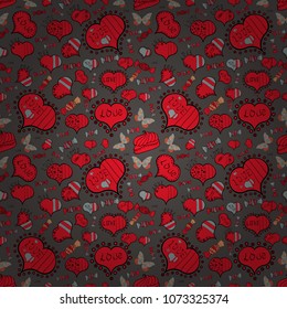 Valentine':s day. Drawing in sketch style on gray, red and black colors. Wedding and invatation card concept. Wrapping paper. Seamless Love doodle romantic background vector with hearts. Vector.