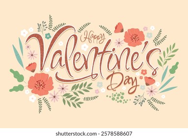Valentine's Day drawings of flowers and leaves with lettering designs. Illustrations and vectors