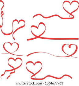 Valentine's day drawn vector eps, red hearts in the form of a ribbon, pattern, lines