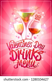 Valentine's day drinks menu vector card design with cocktails