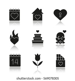 Valentine's Day drop shadow black icons set. February 14 calendar, house, heart with keyhole, passion, wedding cake, enamoured girl, tulip, chocolate bar. Isolated vector illustrations