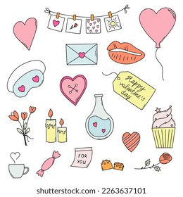 Valentine's Day dudl set. Romantic stickers. Heart, love letter, love potion, heart ball.