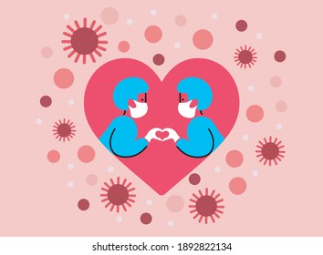Valentines Day during pandemic. Couple of doctors celebrate the Valentines Day.