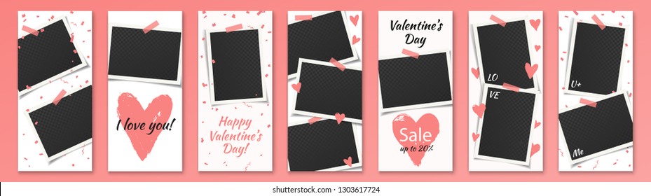Valentine's Day Editable Social Network Stories Template Set with Photo Frames and Grunge Hearts, Color Stickers for Sale, Flyers, Banners with text: I love you, U & Me, Sale, Happy Valentine's Day.