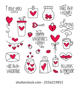 Valentine's Day Editable Stroke Elements Set. Black White and Red Romantic Love Collection.