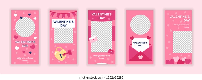 Valentines day editable templates set for stories. Romantic love and amorous relationships layouts. Design for social networks. Story mockup with free copy space vector illustration.