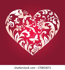 Valentine's day editable vector clip art; red greeting card with white paper floral heart design