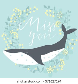 Valentine's day edition. Lovely whale on stylish blue colored background with floral wreath in vector. 