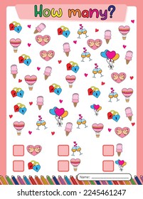Valentine's day. Education Counting games. Activity book for kids. Math worksheet. Printable.