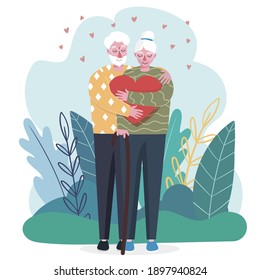 Valentine's Day. An elderly couple in love. They hug each other. Heart. Celebration of declaration of love. People in modern flat style. Hand drawing. An old man.