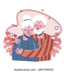 Valentine's Day. An elderly couple in love. They hug each other. Heart. Celebration of declaration of love. People in modern flat style. Hand drawing. An old man.