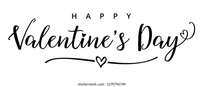 Valentines Day elegant black calligraphy banner. Valentine greeting card template with calligraphy happy valentine`s day and white heart in line on background. Vector illustration