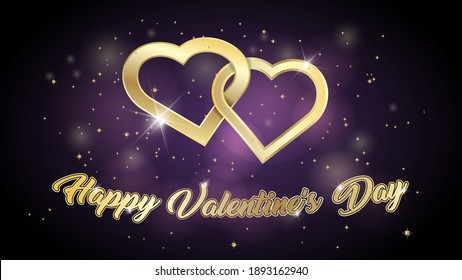 Elegante tarjeta de San Valentín. Corazones dorados entrelazados y una inscripción de felicitación entre las estrellas y resplandece sobre un fondo rosado negro. vector