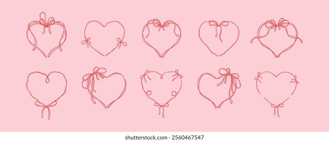 Valentines day elegant greeting card template. Cute line art hand drawn bow ribbon heart frame. Romantic love drawing. Coquette, flirtation, girly concept. Menu, wedding, Birthday invitation design