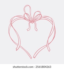 Valentines day elegant greeting card template. Cute line art hand drawn bow ribbon heart frame. Romantic love drawing. Coquette, flirtation, girly concept. Menu, wedding, Birthday invitation design