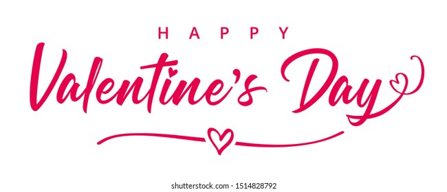 Valentines Day elegant hand text banner. Valentine greeting card template with calligraphy happy valentine`s day and pink heart in line on white background. Vector illustration